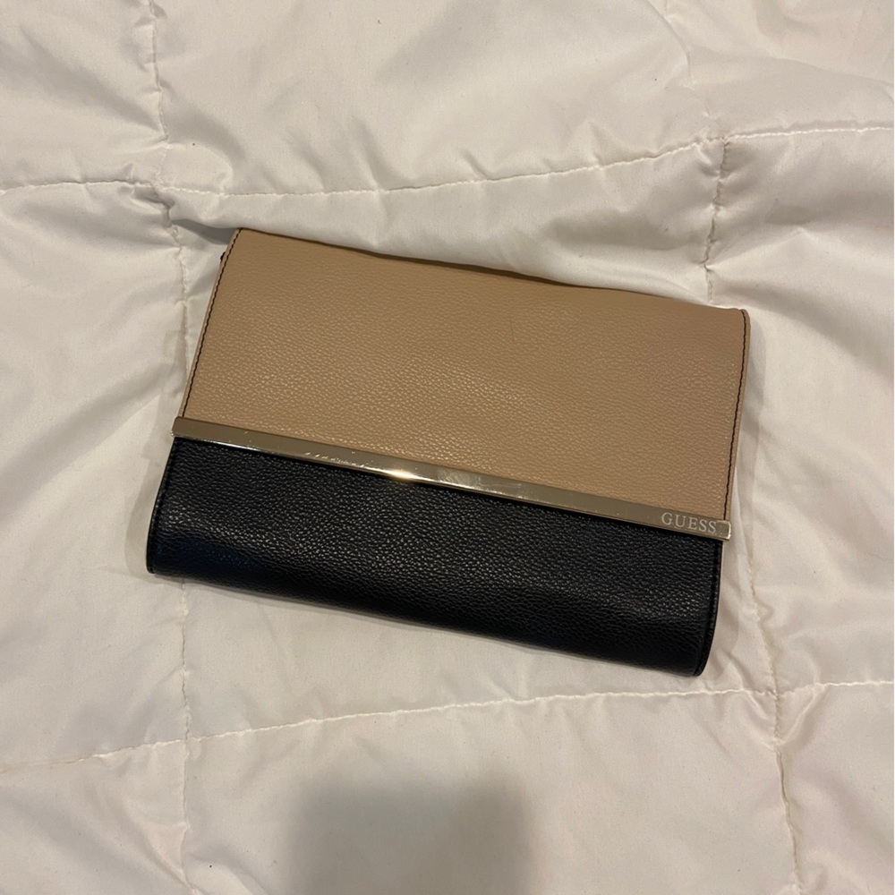 GUESS blue and cream clutch with gold detailing and crossbody chain